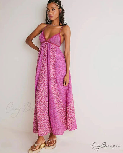 Fine Chiffon Floral Boho Dress Rose Red / S bohodress-250126