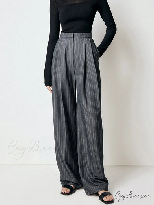 First Choice Pinstripe Trendy Wide Leg Dress Pants Grey / XS