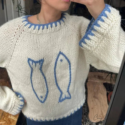 Fish Contrast Color Crew Neck Warm Sweater swraters-241228