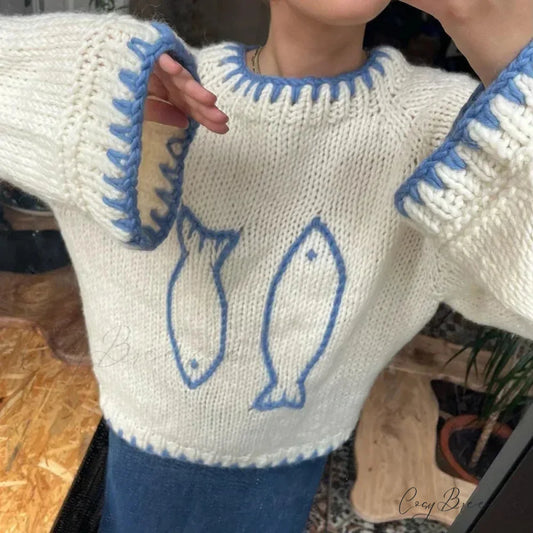 Fish Contrast Color Crew Neck Warm Sweater WHITE / S swraters-241228
