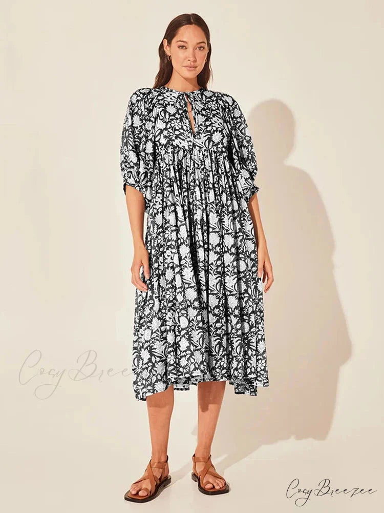 Fitshinling Boho Vintage Lantern Sleeve Dress Black / S bohodress-250126