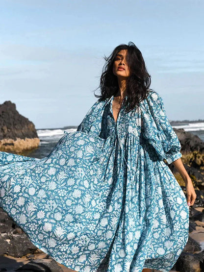 Fitshinling Boho Vintage Lantern Sleeve Dress Blue / S bohodress-250126