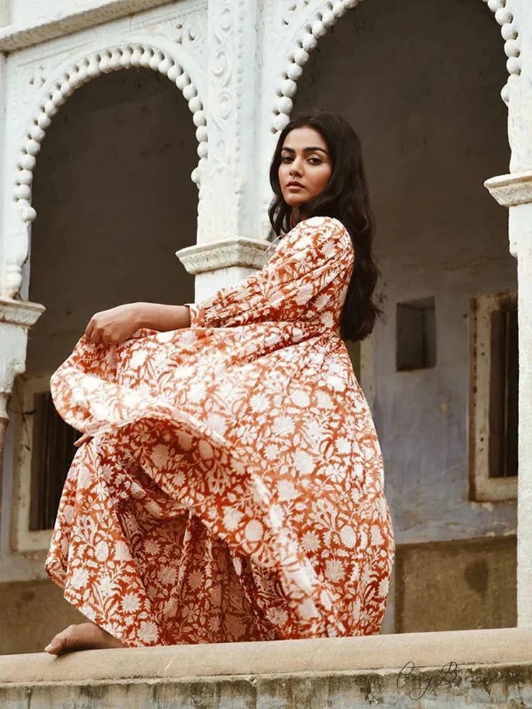 Fitshinling Boho Vintage Lantern Sleeve Dress bohodress-250126