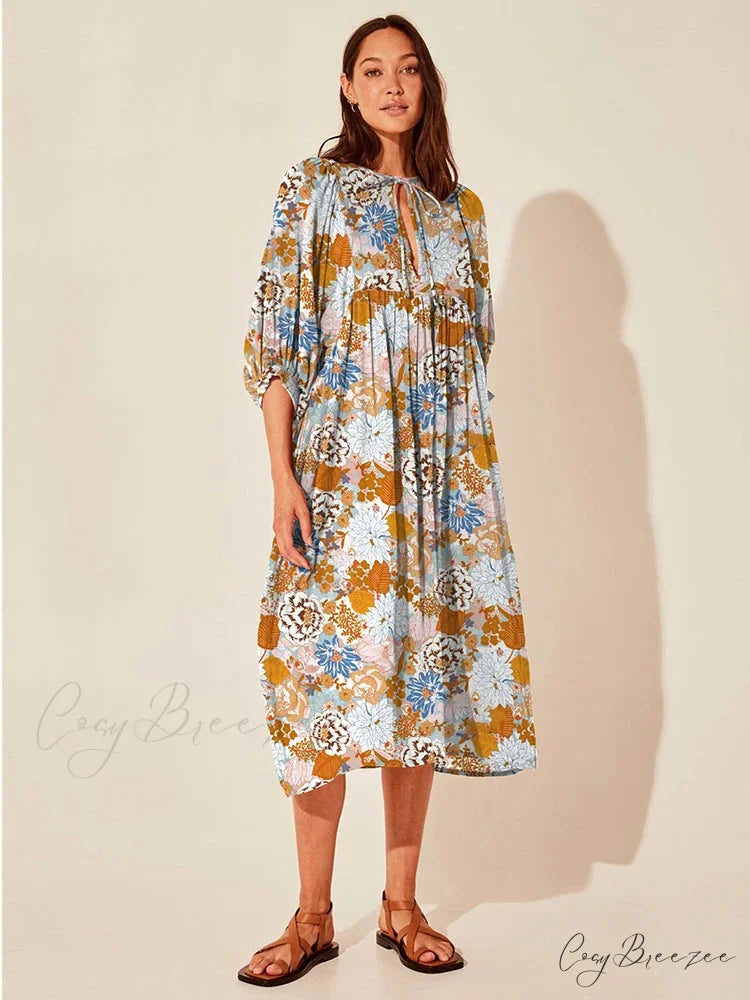 Fitshinling Boho Vintage Lantern Sleeve Dress khaki floral / S bohodress-250126