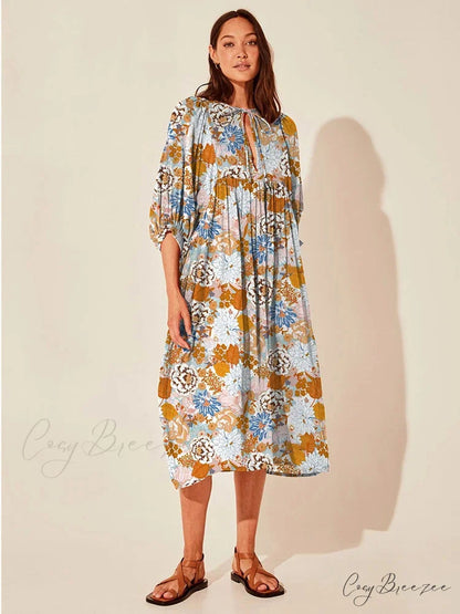Fitshinling Boho Vintage Lantern Sleeve Dress khaki floral / S bohodress-250126