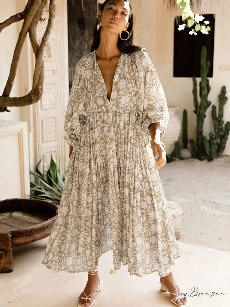 Fitshinling Boho Vintage Lantern Sleeve Dress Khaki / S bohodress-250126