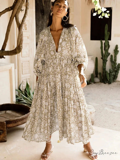Fitshinling Boho Vintage Lantern Sleeve Dress Khaki / S bohodress-250126