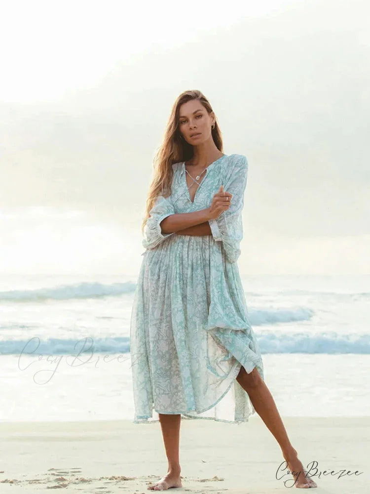 Fitshinling Boho Vintage Lantern Sleeve Dress Light Green / S bohodress-250126
