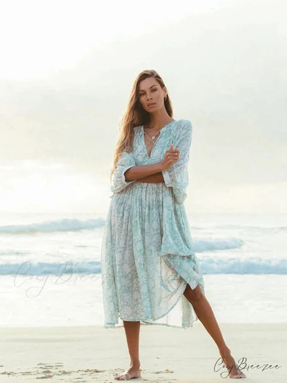 Fitshinling Boho Vintage Lantern Sleeve Dress Light Green / S bohodress-250126