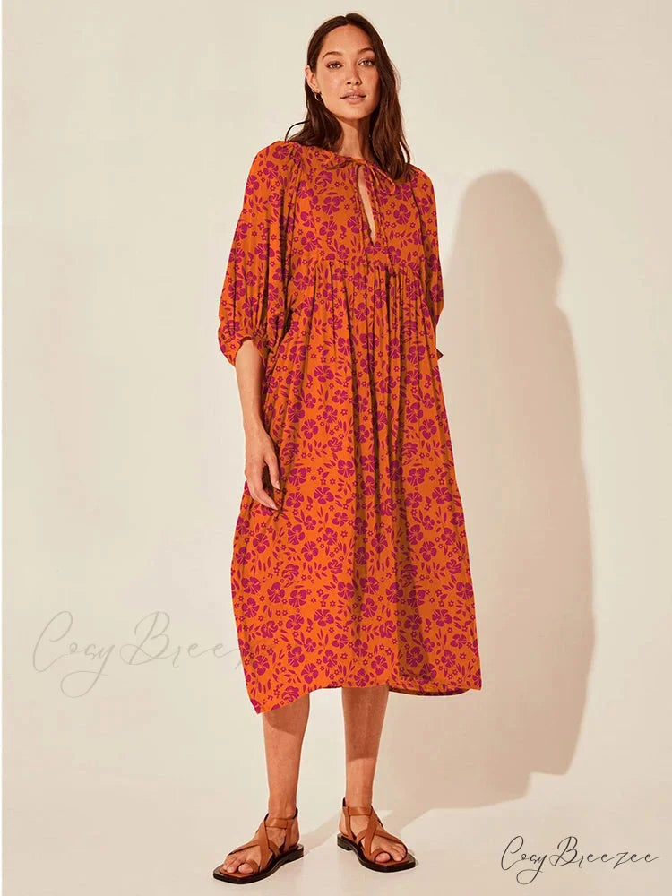 Fitshinling Boho Vintage Lantern Sleeve Dress orange red floral / S bohodress-250126