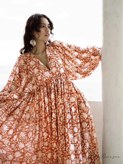 Fitshinling Boho Vintage Lantern Sleeve Dress orange white floral / S bohodress-250126