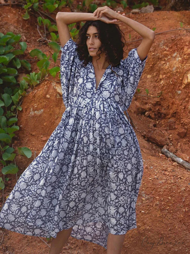 Fitshinling Boho Vintage Lantern Sleeve Dress purple blue / S bohodress-250126