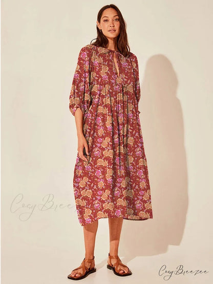 Fitshinling Boho Vintage Lantern Sleeve Dress wine red / S bohodress-250126