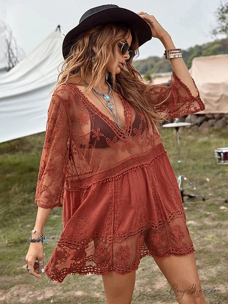 Fitshinling V-neck Sheer Lace Boho Cover-up bohodress-250126