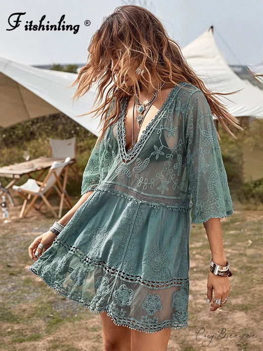 Fitshinling V-neck Sheer Lace Boho Cover-up bohodress-250126