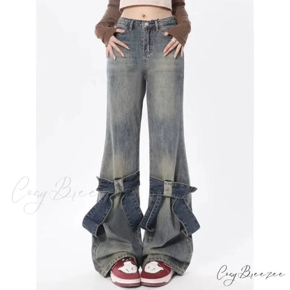 Flare Jeans Women Bow Patchwork Pants blue / S pants-241228