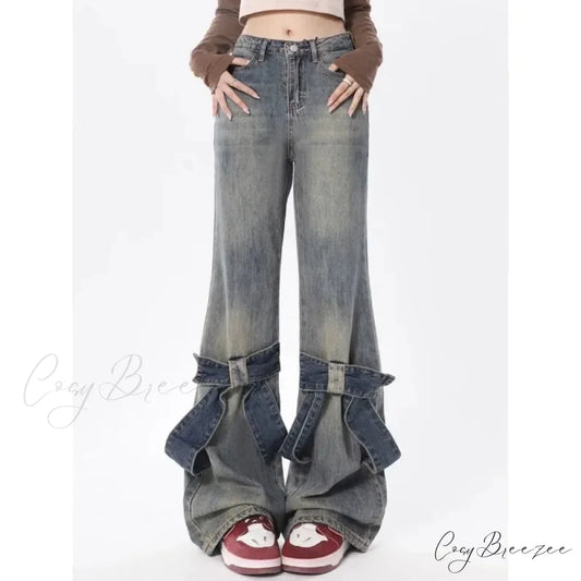 Flare Jeans Women Bow Patchwork Pants blue / S pants-241228
