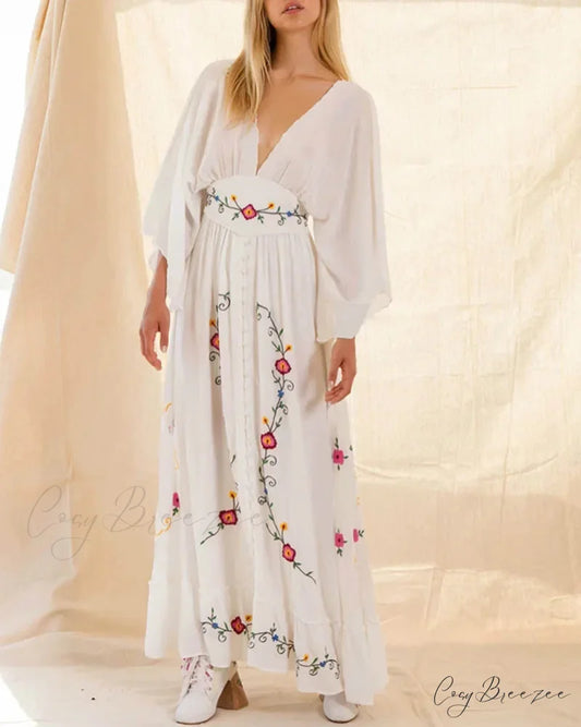 Flare Long Sleeve Deep V-neck Cotton Dress bohodress-250126