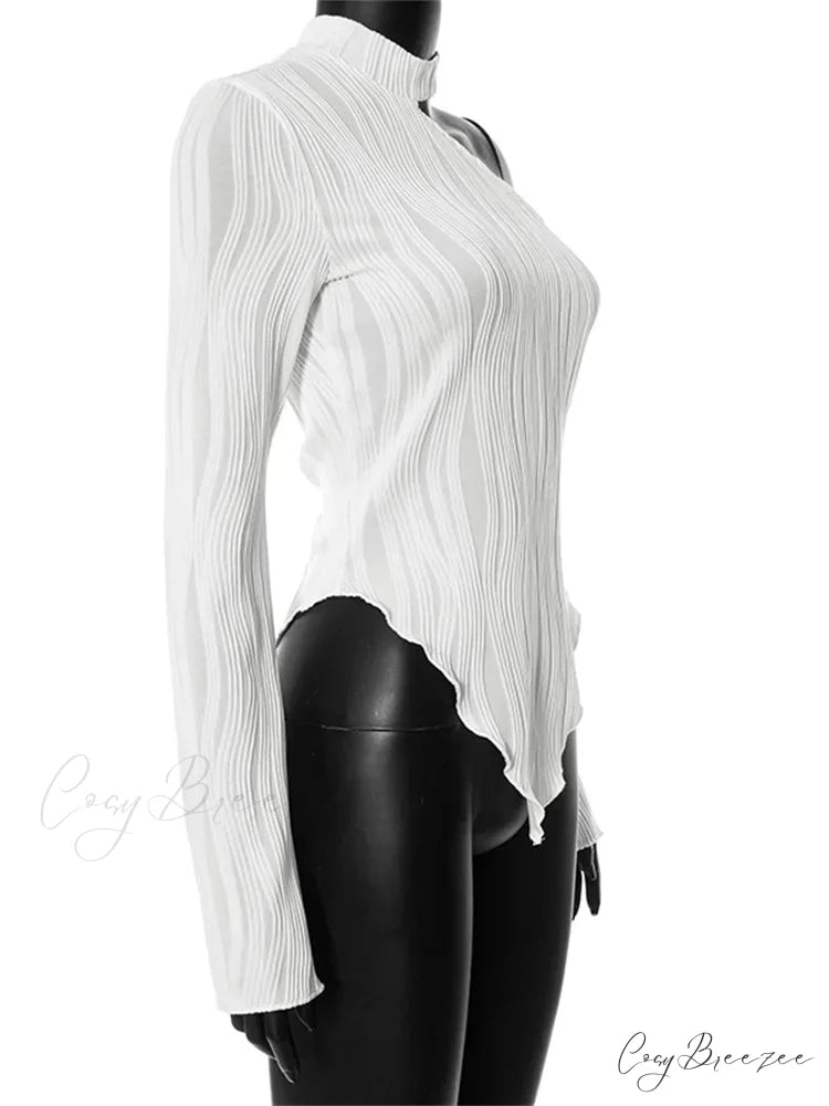 Flare Long Sleeve Ruched High Neck Off Shoulder Irregular Hem T-shirts
