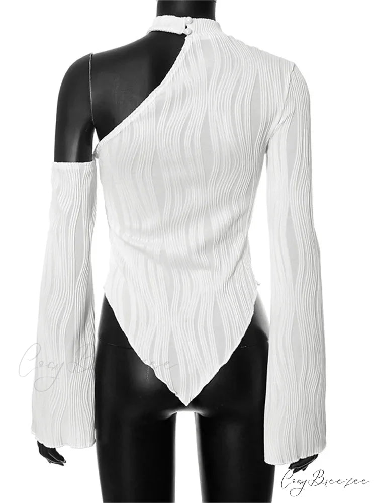 Flare Long Sleeve Ruched High Neck Off Shoulder Irregular Hem T-shirts