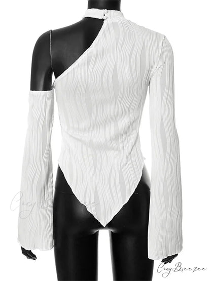 Flare Long Sleeve Ruched High Neck Off Shoulder Irregular Hem T-shirts