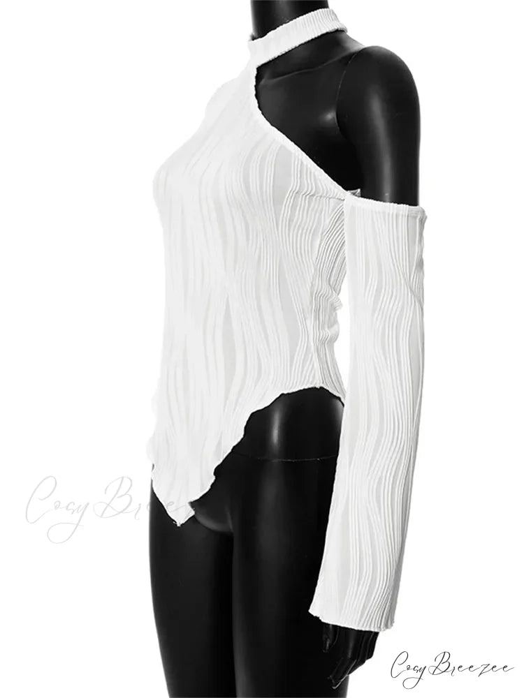Flare Long Sleeve Ruched High Neck Off Shoulder Irregular Hem T-shirts