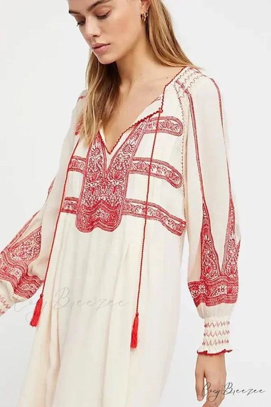 Flare Sleeve Button Down Printing Chic Boho Dress Beige / S bohodress-250126