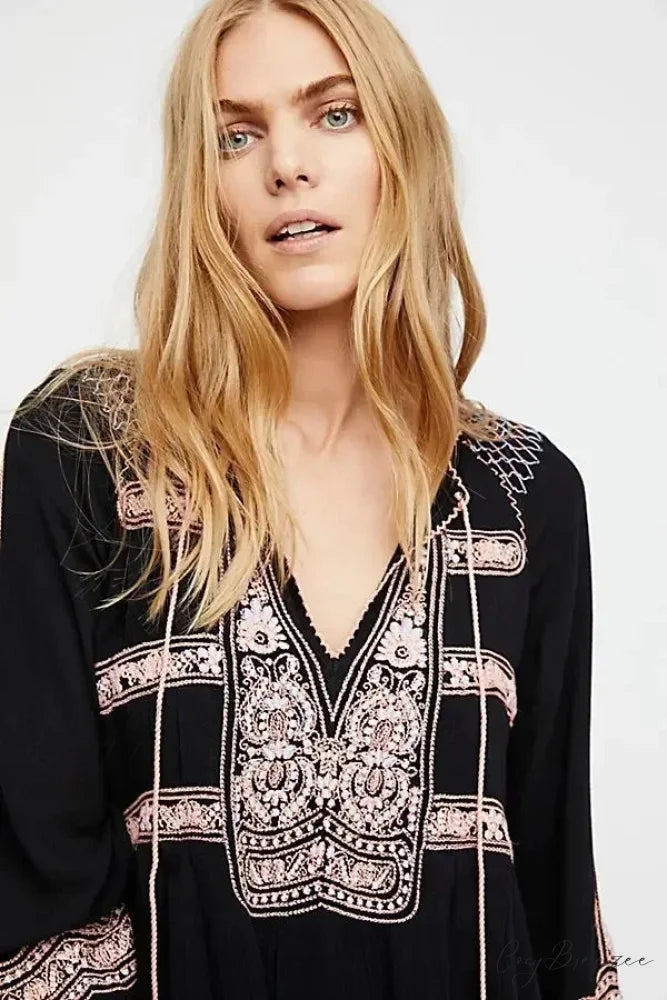 Flare Sleeve Button Down Printing Chic Boho Dress Black / S bohodress-250126