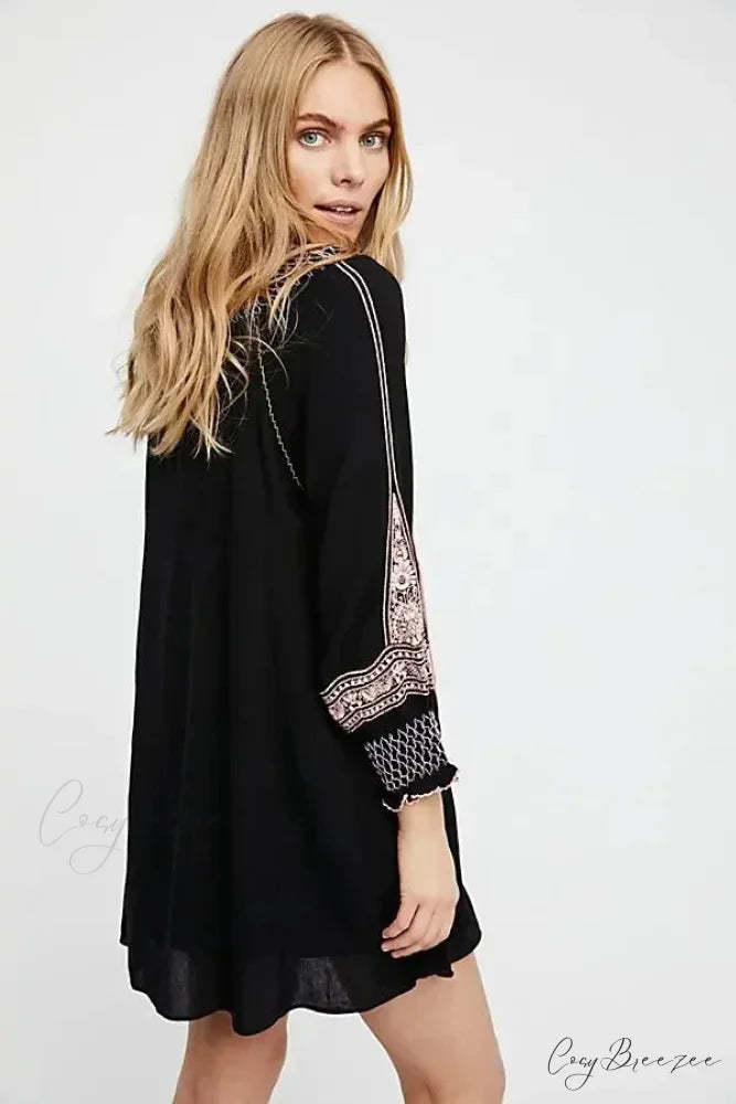 Flare Sleeve Button Down Printing Chic Boho Dress bohodress-250126