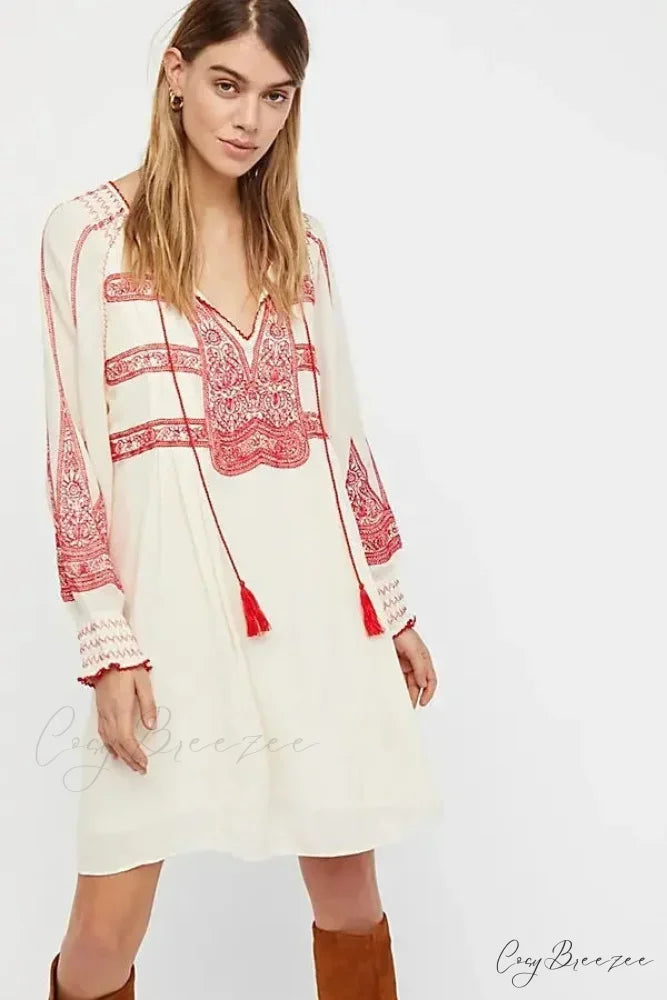 Flare Sleeve Button Down Printing Chic Boho Dress bohodress-250126
