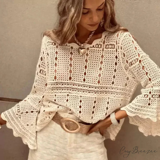 Flare Sleeve Crochet Knitted Loose Cotton Boho Blouse APRICOT / One Size bohoblouse-250126
