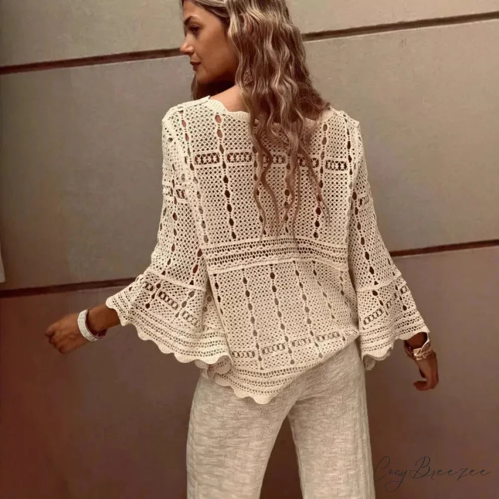 Flare Sleeve Crochet Knitted Loose Cotton Boho Blouse APRICOT / One Size bohoblouse-250126