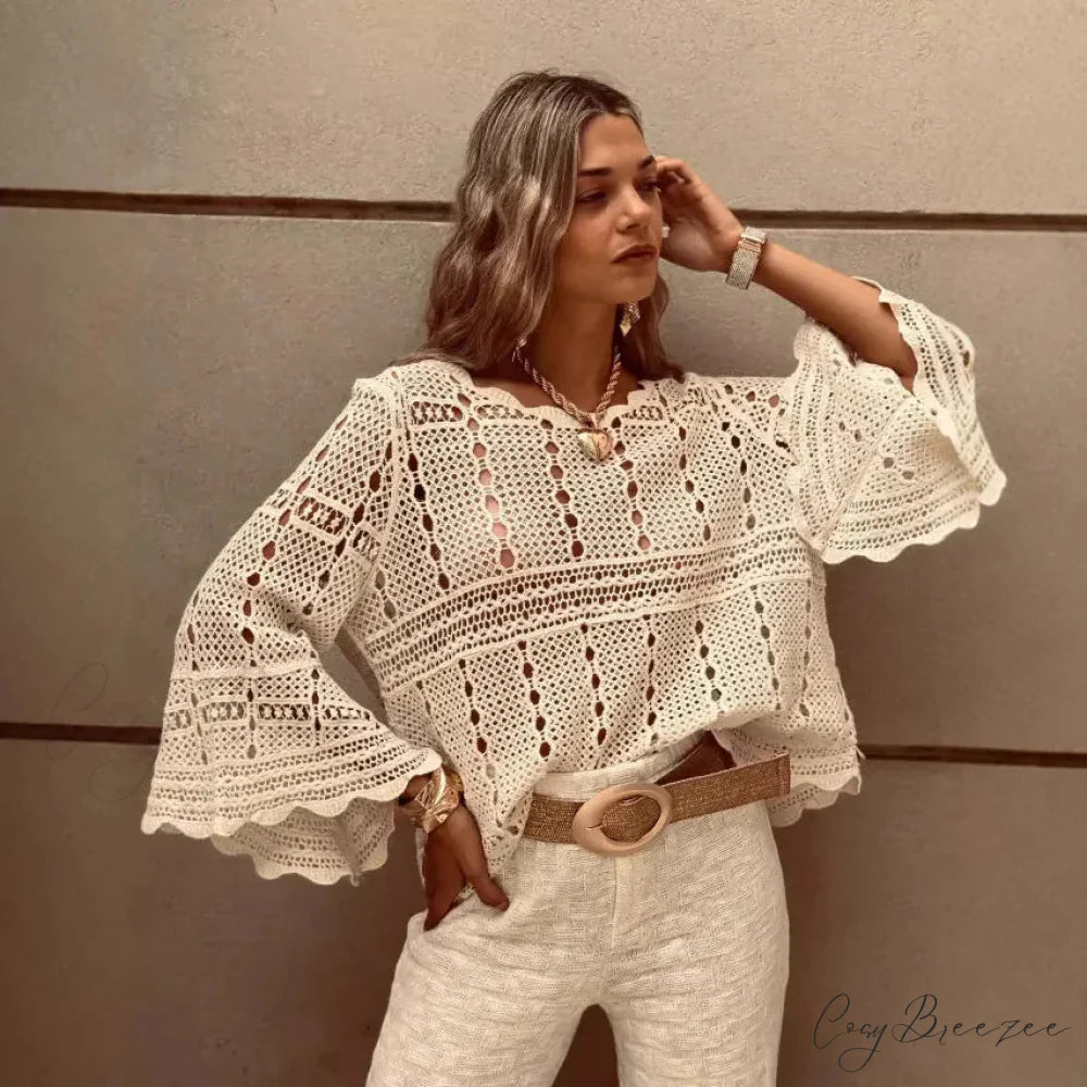 Flare Sleeve Crochet Knitted Loose Cotton Boho Blouse APRICOT / One Size bohoblouse-250126
