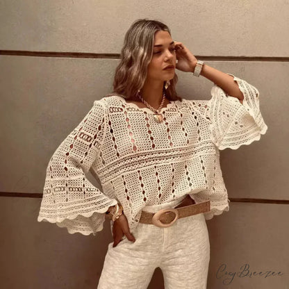Flare Sleeve Crochet Knitted Loose Cotton Boho Blouse APRICOT / One Size bohoblouse-250126