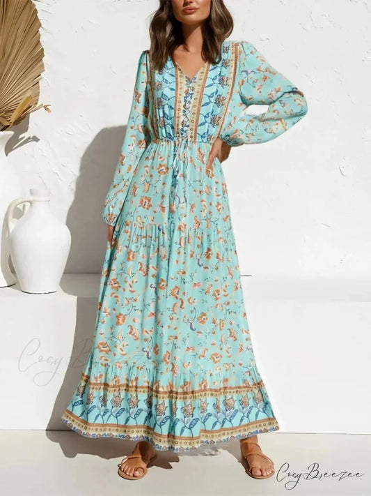 Flare Sleeve Purple Floral V-neck Maxi Boho Dress GREEN / S bohodress-250126