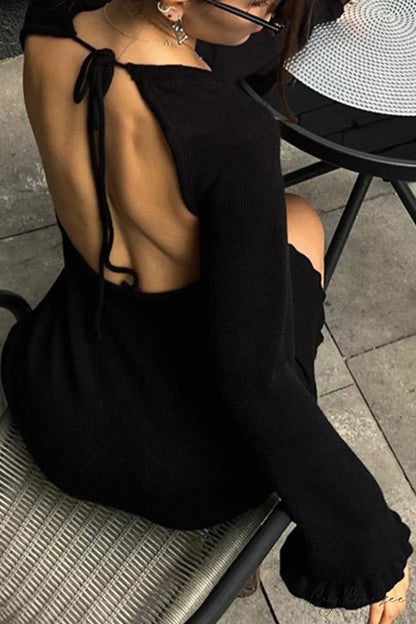 Flare Sleeve Tie-back Ruffle Hem Knit Dress Black / L