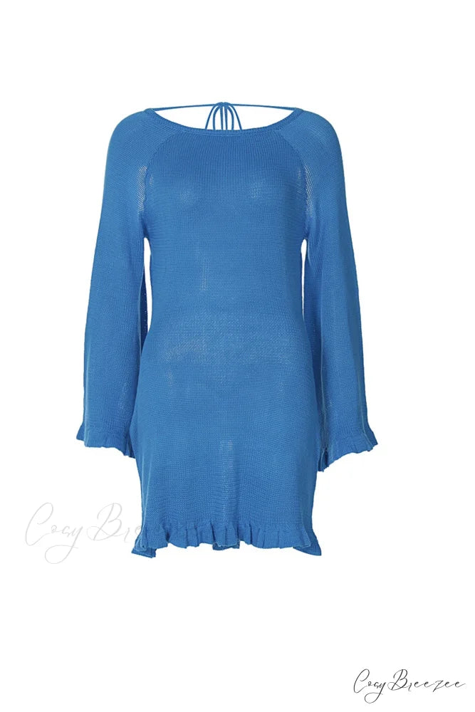 Flare Sleeve Tie-back Ruffle Hem Knit Dress Blue / L