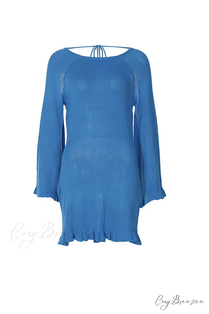 Flare Sleeve Tie-back Ruffle Hem Knit Dress Blue / L
