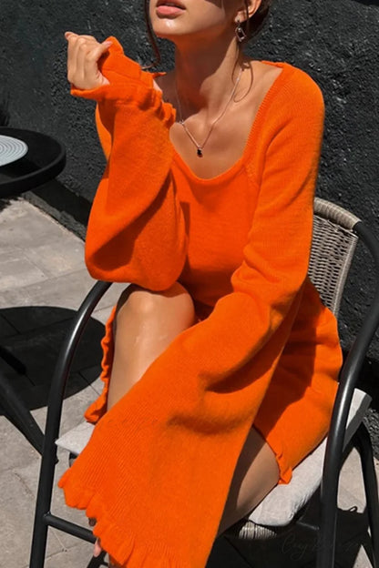 Flare Sleeve Tie-back Ruffle Hem Knit Dress Orange / M