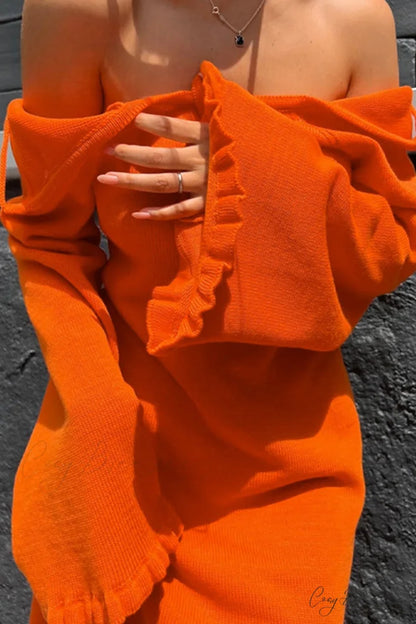 Flare Sleeve Tie-back Ruffle Hem Knit Dress Orange / S