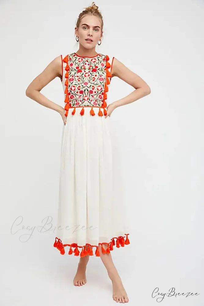 Flare Sleeve Vintage Style Floral Boho Dress Beige / S bohodress-250126
