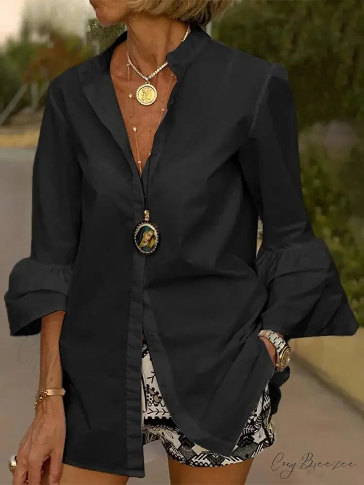 Flared Sleeve Plain Color V-neck Blouse Black / S blouse-250126