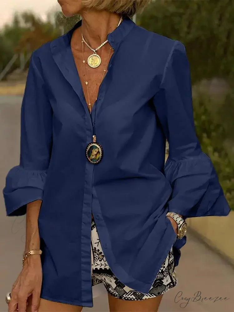 Flared Sleeve Plain Color V-neck Blouse Navy Blue / S blouse-250126