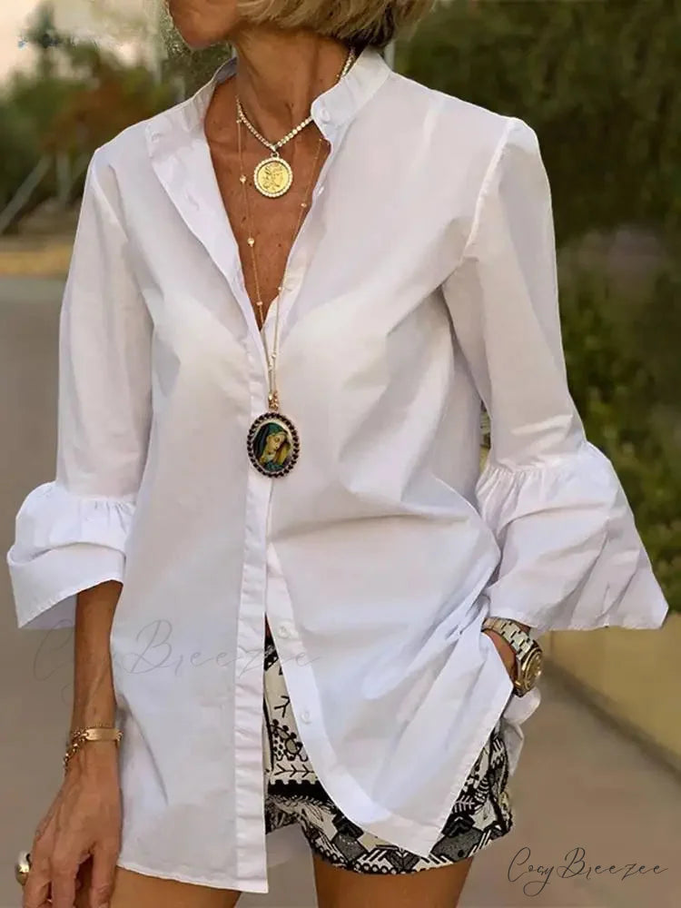 Flared Sleeve Plain Color V-neck Blouse WHITE / S blouse-250126