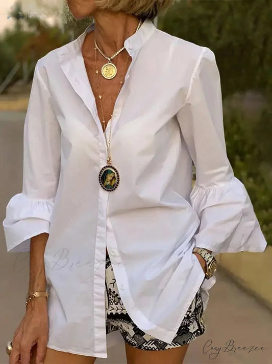 Flared Sleeve Plain Color V-neck Blouse WHITE / S blouse-250126