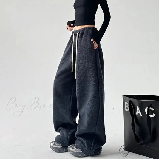 Fleece Thick Wool Wide Leg Pants Navy blue / S pants-241228
