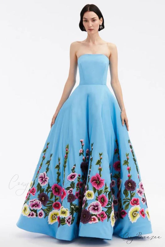 Fleur of Dreams Floral Modern Lace Applique Maxi Dress Light Blue / 2