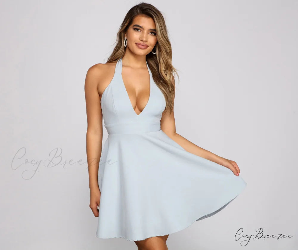 Flirty And Flowy Charming Halter Skater Dress DENIM / XS