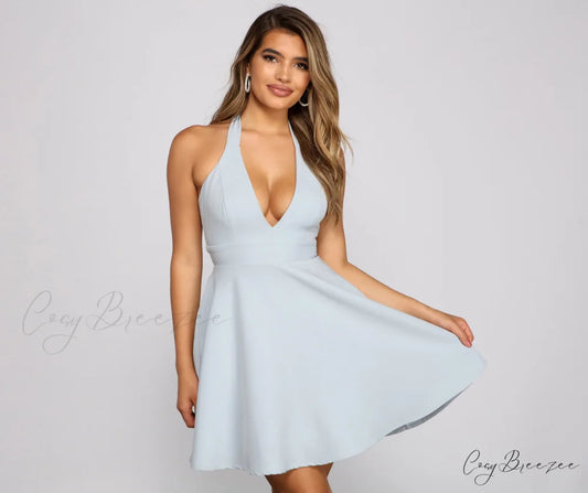 Flirty And Flowy Charming Halter Skater Dress DENIM / XS