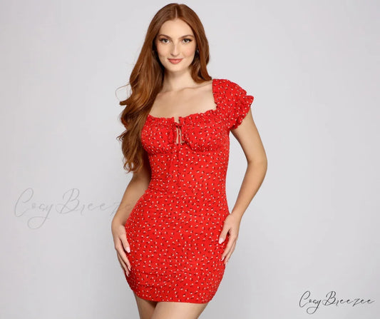 Flirty Vibes Off The Graceful Shoulder Floral Mini Dress RED / XS